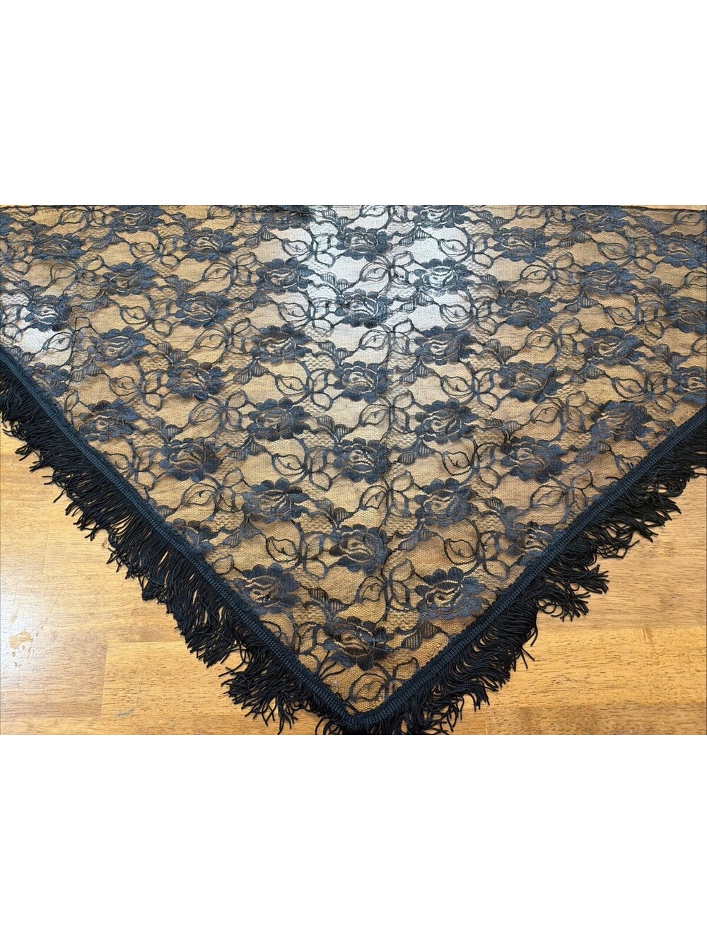Black Rose Lace Mourning Shawl Scarf Fringe VTG Triangle Gothic Dark Romantic